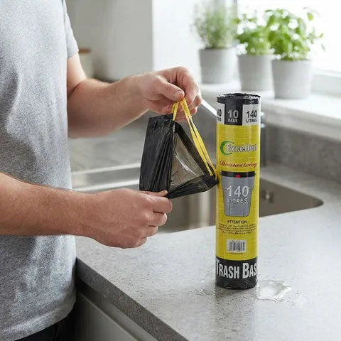 Roll of 10 140L Heavy Duty Drawstring Trash Bags