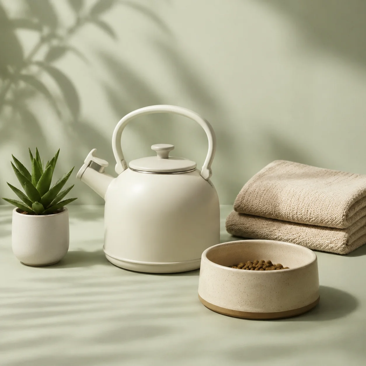 Illustrative home collection with kettle, towels and pet bowl